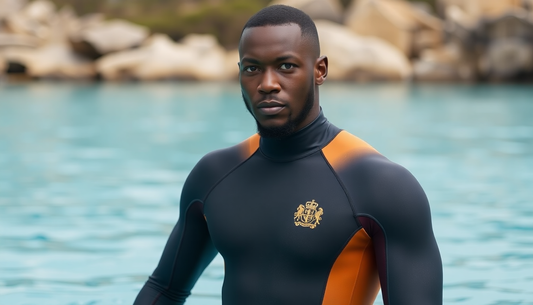 Black man wearing a wetsuit similar to the royal tribute wetsuit by G180 Swim