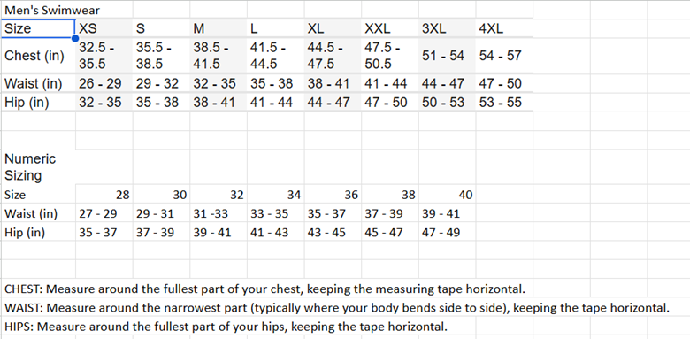 Men's swimwear size chart with measurements for chest, waist, and hip.