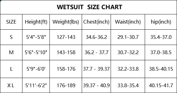 Sizing Chart for The Royal Tribute Wetsuit