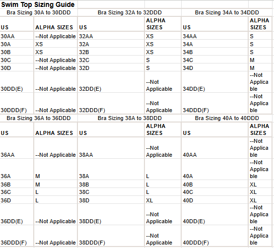 Women's swim top sizing chart