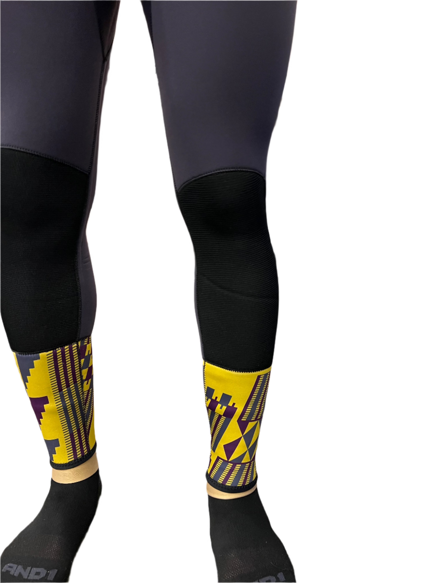 G180 Swimwear leggings featuring colorful patterned calf sleeves promoting Fourth of July swim safety