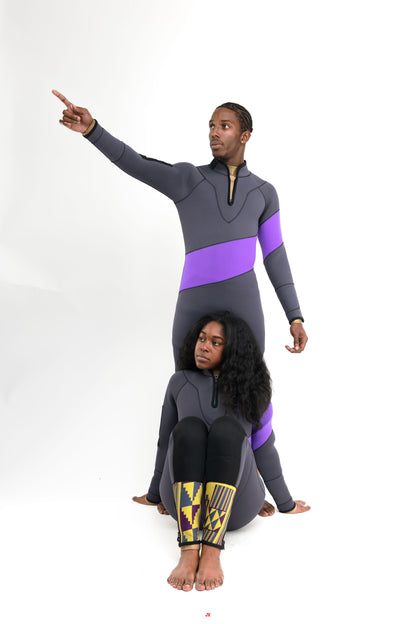 Two people wearing gray and purple wetsuits lifestyle pose on a white background