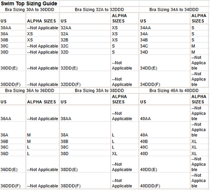 Women's swim top sizing chart 