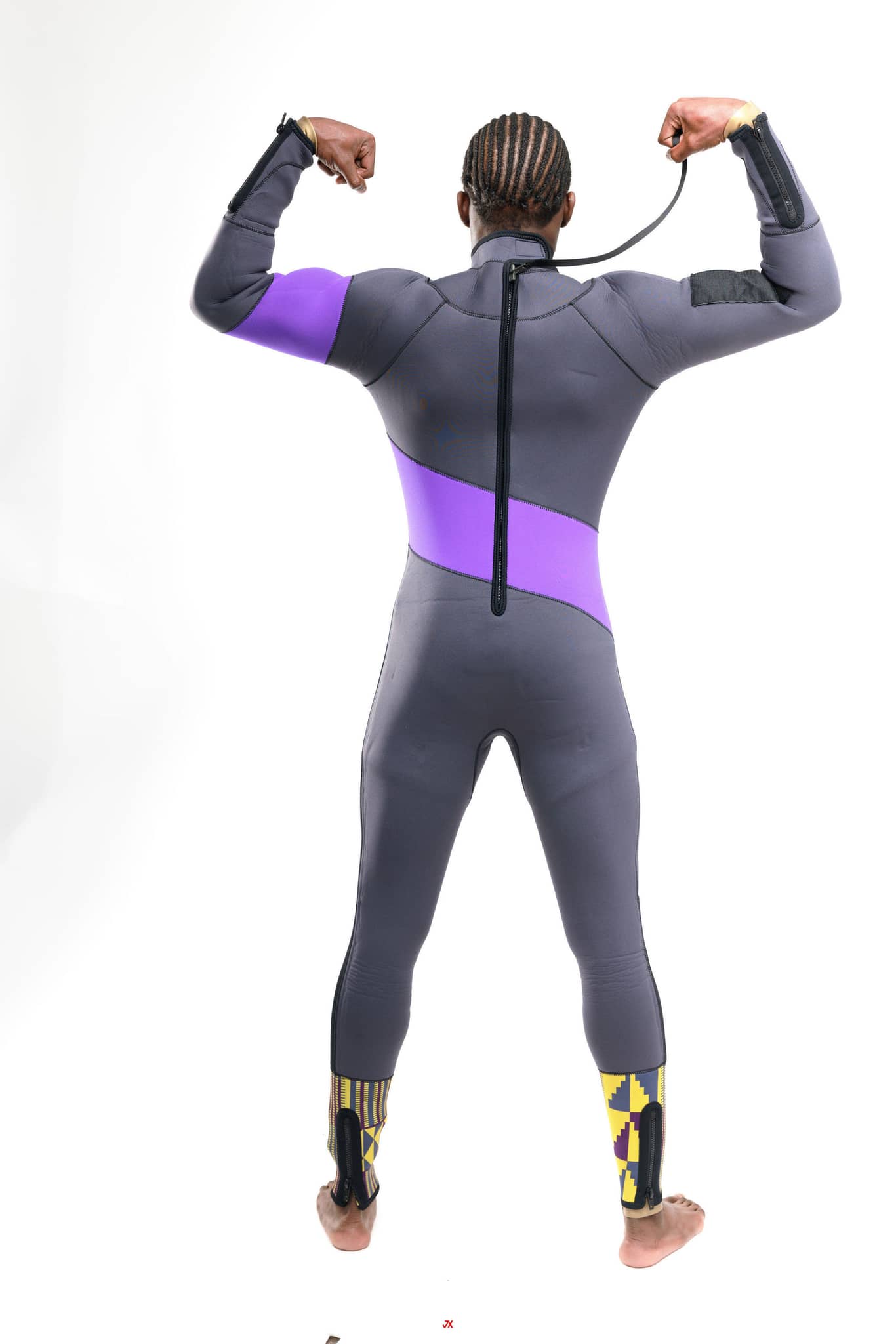 G180 Swim Gray and Purple Best all-season wetsuit for athletes, back view for optimal coverage