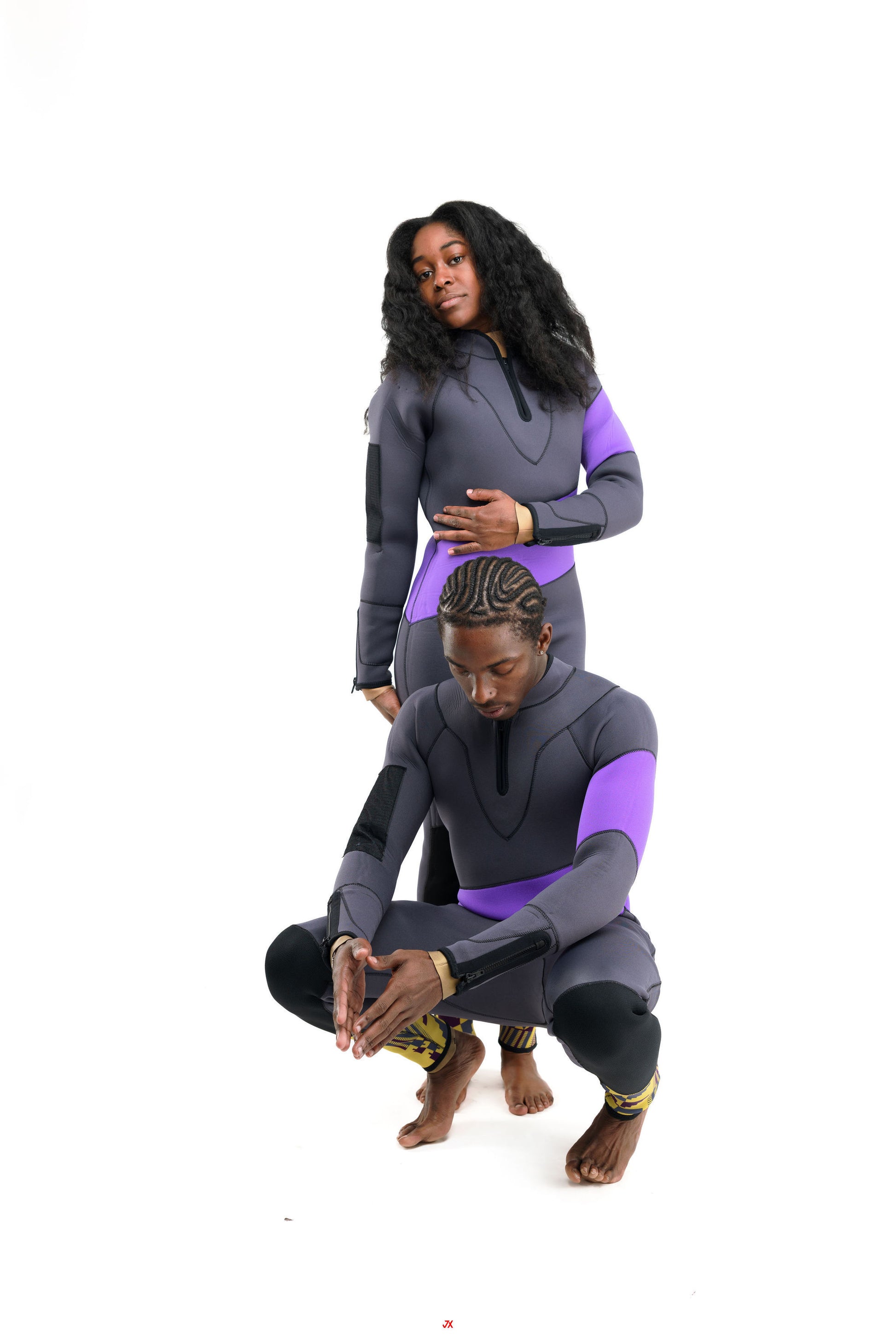 G180 Swim Best all-season wetsuit for athletes in gray and purple, front and side view for streamlined coverage