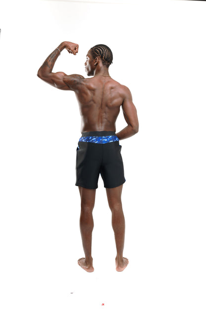 man wearing blue camo men's swim trunk back profile