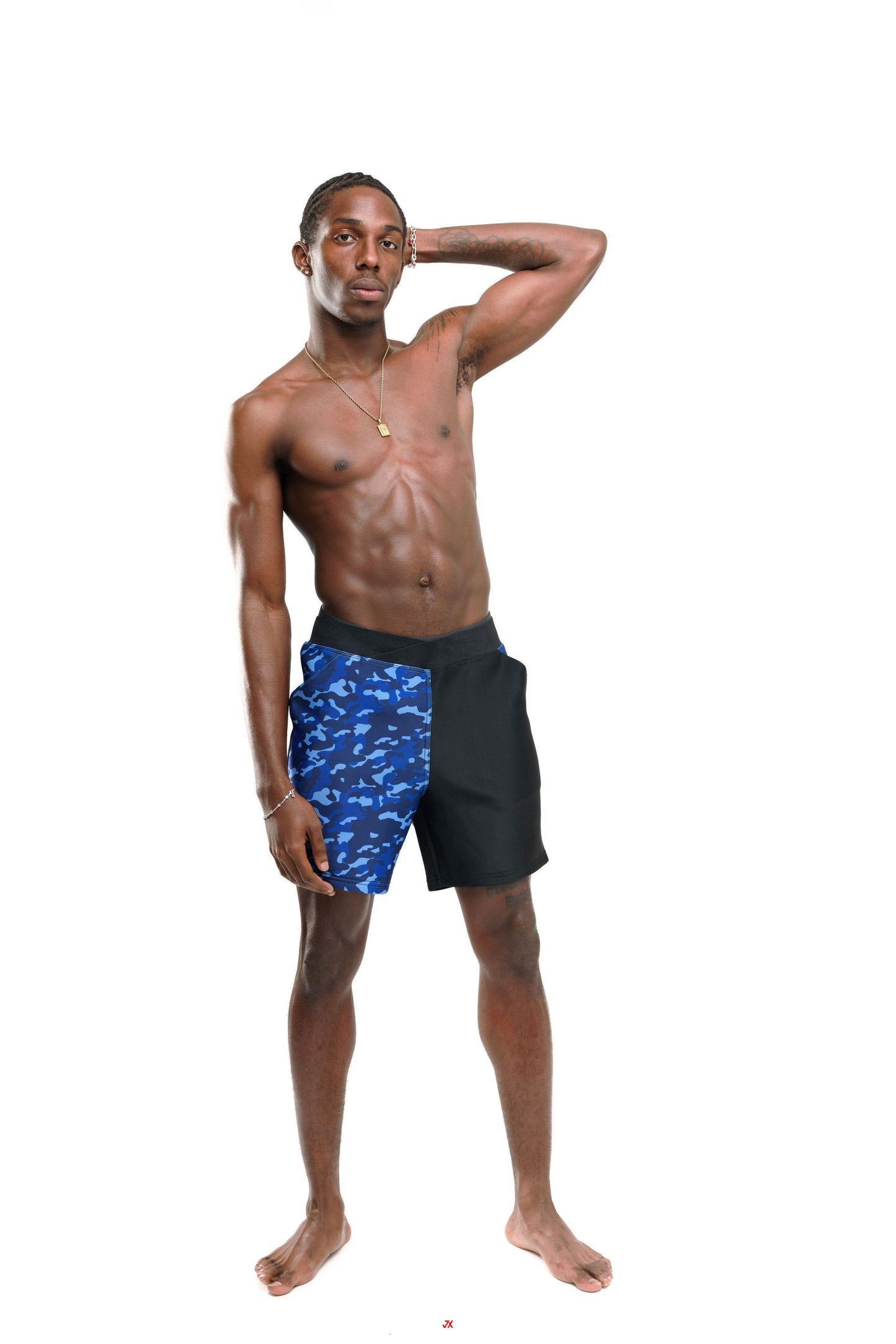 man wearing blue camo men's swim trunk front profile