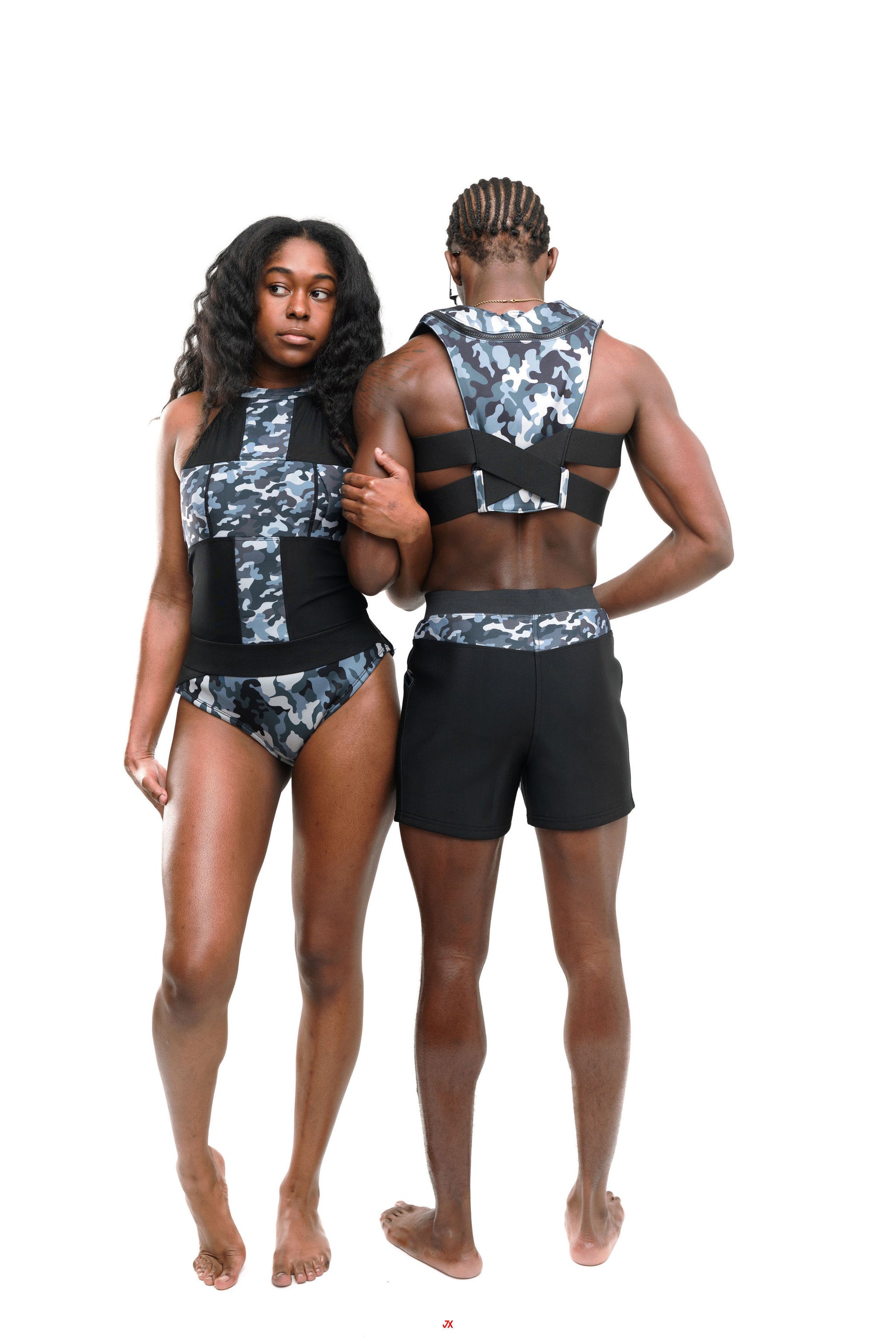 G180 Swim open back swim top with coverage in black and gray camo, stylish for beach activities