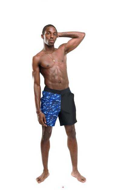 G180 Swim fashionable swim trunks in blue camo and black, designed for stylish beachwear
