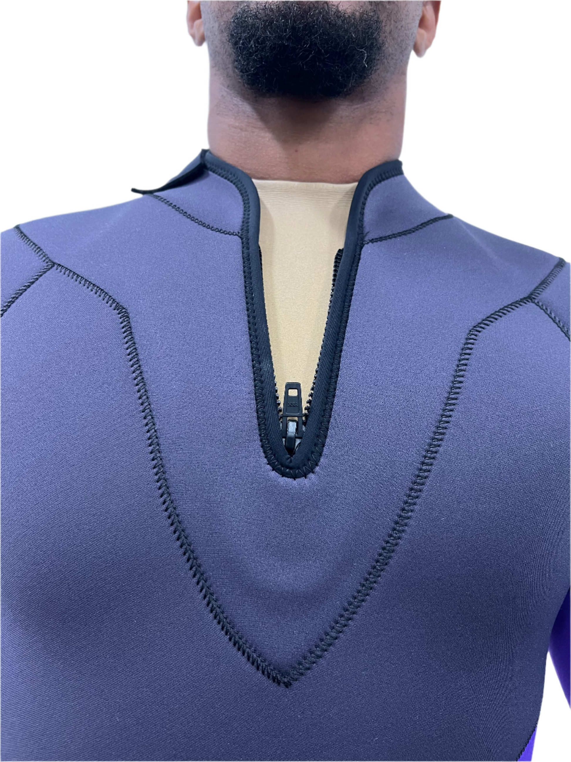 G180 Swim close-up of a blue wetsuit zipper for Fourth of July swim safety in swimwear