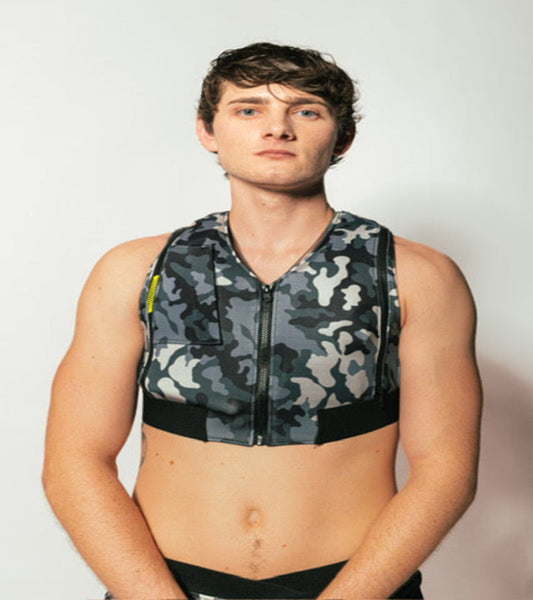 G180 Swim Perfect 10 Life Jacket in camouflage design, front view, fashionable functional sleek fun to wear the perfect 10 life jacket by G180 Swim.