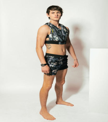 The Perfect 10 Life Jacket by G180 Swim in camo design, front view for flotation, fashionable, functional, sleek, fun to wear