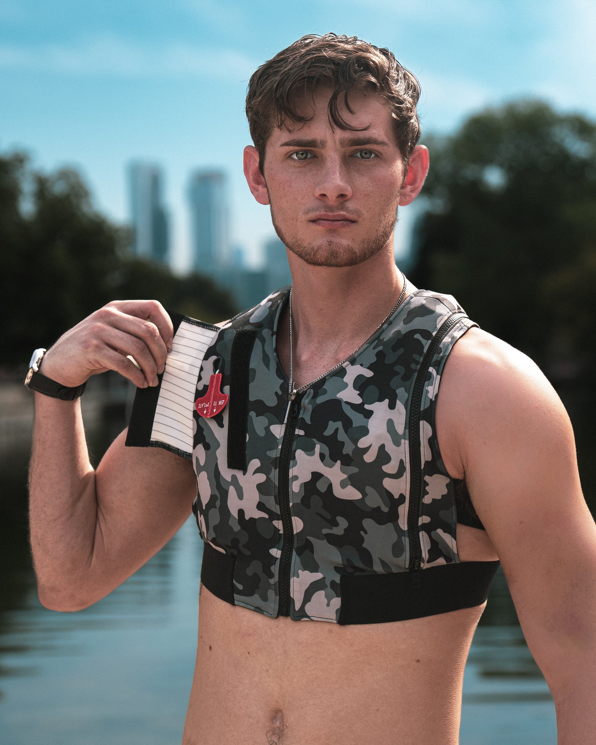 Fashionable, functional, sleek, fun to wear the perfect 10 life jacket by G180 Swim in camouflage pattern