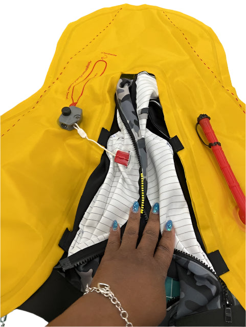 Inside view of the fashionable, functional, sleek, fun to wear the perfect 10 life jacket by G180 Swim in bright yellow.