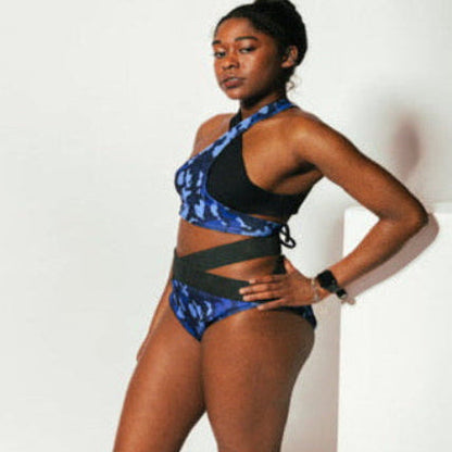 Model wearing blue G180 Swim perfect 10 bikini bottoms, high waisted for chic stylish comfort