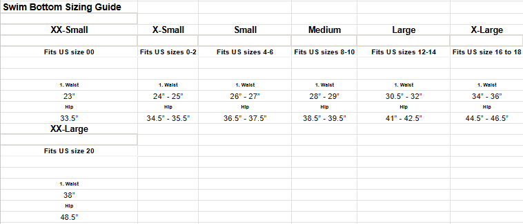 Women's swim bottom sizing chart with measurements for different size categories.