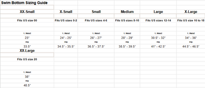 Women's swim bottom sizing chart with measurements for different size categories.